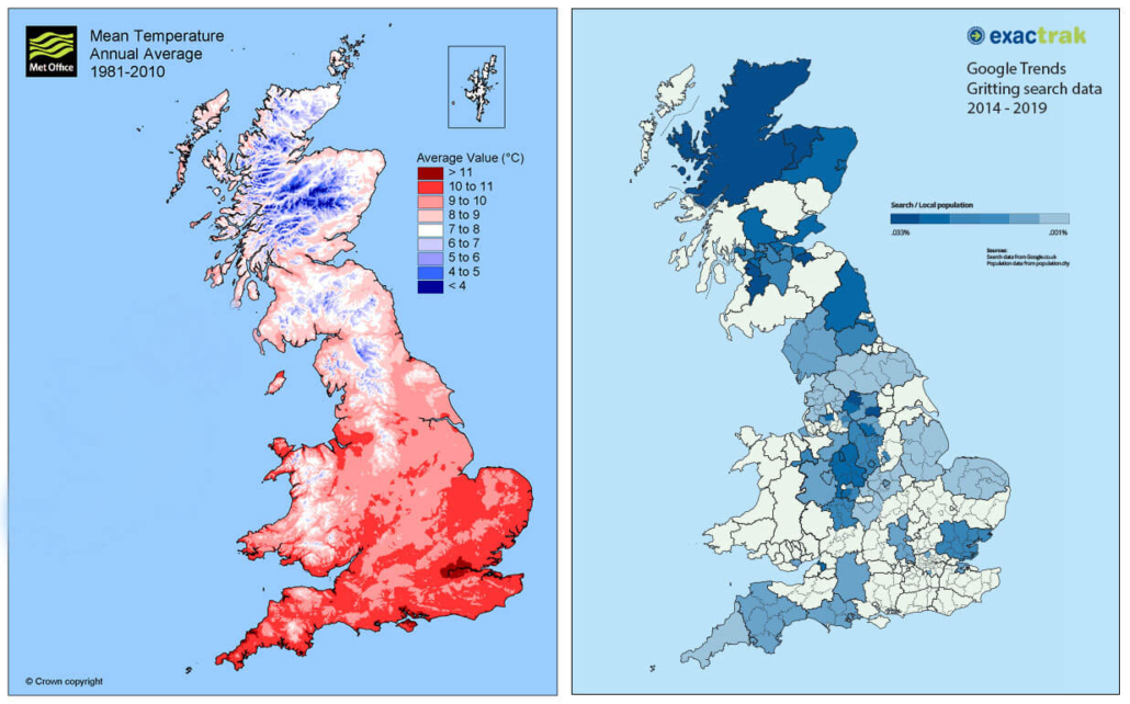 UK average temperature vs gritting search trends